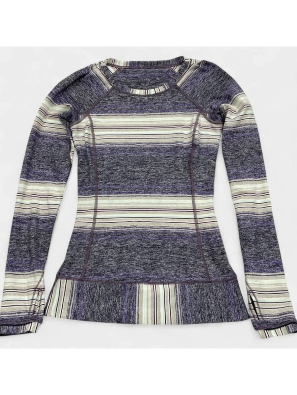 Lululemon Purple Stripe Stretch Athletic Running Top Shirt Pockets Long Sleeve 2